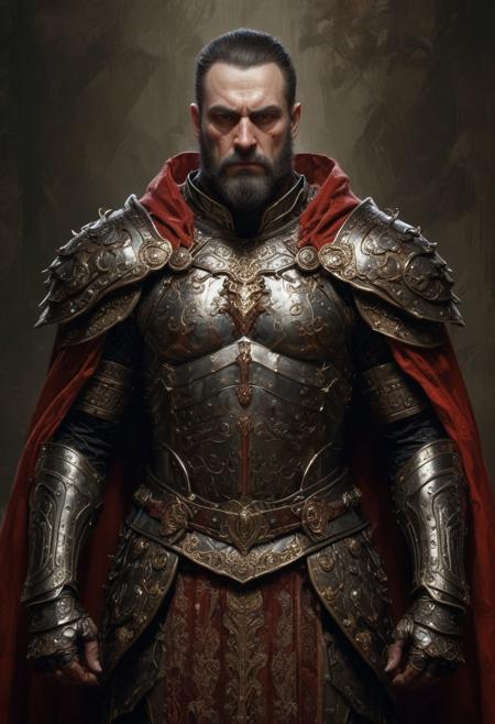 Symmetrical Front view of the warrior King of Blood, dark, armour, standing pose, extremely long cape, top light, low saturation, highly detailed,  masterful painting in the style of Anders Zorn | Marco Mazzoni | Yuri Ivanovich, Jeff Simpson, oil on canvas