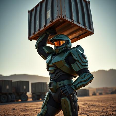 cinematic super realistic stunning visuals, Master Chief (from Halo) powerlifting a huge military metal supply container with one arm, extreme weightlifting, full body, low angle, showing off, heroic pose, wearing his green helmet and iconic power armor, extremely detailed, working out, open military base background, lens flare, color palette is warm and rich in saturation and contrast.