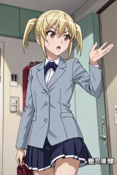 best quality, masterpiece, highres, solo, {otosuna_mihari_mangakasantoassistantsanto:1.15}, blonde_hair, short_hair, open_mouth, brown_eyes, red_eyes, 1girl, blazer, school_uniform, twintails, short_twintails