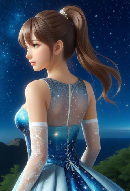 <lora:Starry_Morph:1> starry_morph, woman, (anime, masterpiece, intricate:1.3), (best quality, hires textures, high detail:1.2), (4k),(incredibly detailed:1.4),UHD, 8K, ultra detailed, beautiful dress, Super model, beautiful, UHD, 8K, masterpiece, detailed, ultra_high_resolution, lots of detail, YurYuna, brown hair, ponytail,brown hair, modest, sfw, beautiful gorgeous, key visual, luxurious, artistic, natural elements, opulence, high resolution, digital art, visual aesthetics, contemporary design, vibrant colors, reflective surfaces, artistic composition, high contrast, elegant, intricate detailing,