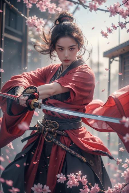 <lora:SwordSakura:0.7>,cherry blossoms,looking at viewer,<lora:niji_wushi:0.5>,holding sword,blade to side,strike pose,blade down,blade right hand,<lora:UBWKatanaOneHand:0.5>, (masterpiece, best quality, high quality, highres, ultra-detailed),