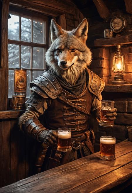 fantasy anthropomorphic a coyote warrior in dark tavern holding a pint of ale in a cozy environment with gas lamps rustic wood warm brick fireplace and frosted glass windows