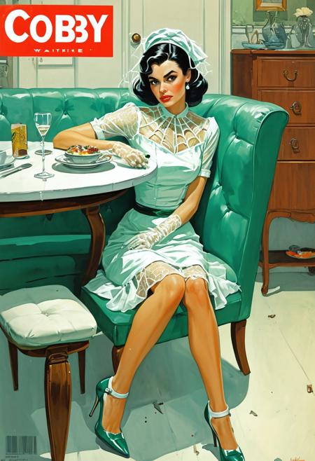 a painting of a woman sitting at a table, by Coby Whitmore, on the cover of a magazine, sea - green and white clothes, with furniture overturned, beautiful comic art, wearing heels and white dress, covered with cobwebs and dust, fine fiberglass, intimidating woman, promotional image