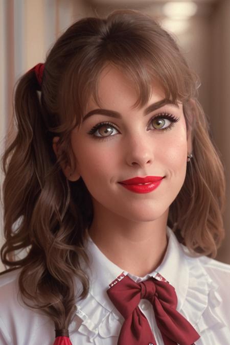 photo of a woman, <lora:michellejohnson-03:0.5>, michellejohnson, ((dark brown hair)), ((shirt, bowtie, pigtails):1.1), ((closeup, portrait)),((hallway, lockers)), ((red lipstick, makeup)), (smile), ((best quality, masterpiece, extreme details, high resolution):1.2),((detailed eyes, beautiful eyes, detailed face, beautiful face):1.2) ,(epicphoto)