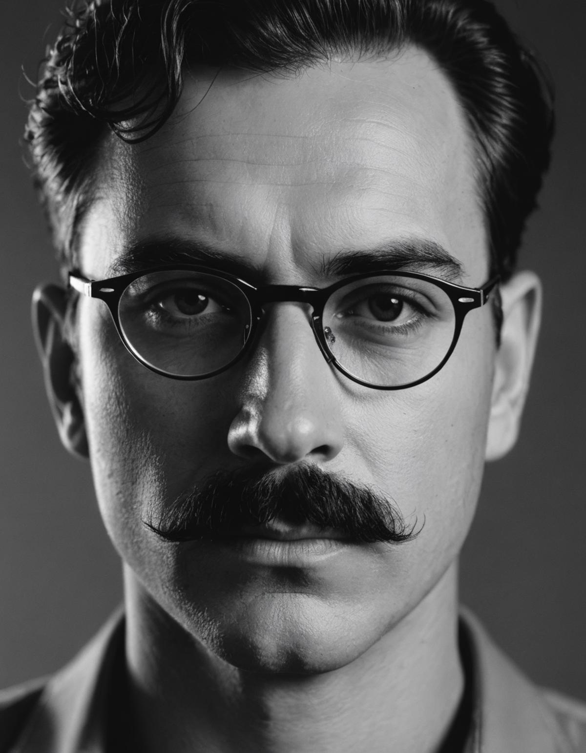 A man wearing glasses and a mustache staring into the camera.