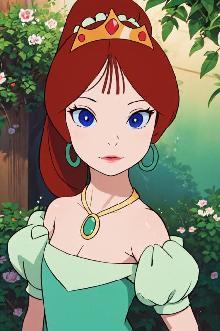 camille1, red hair, blue eyes, earrings, necklace, ponytail, tiara, green dress, pink lips