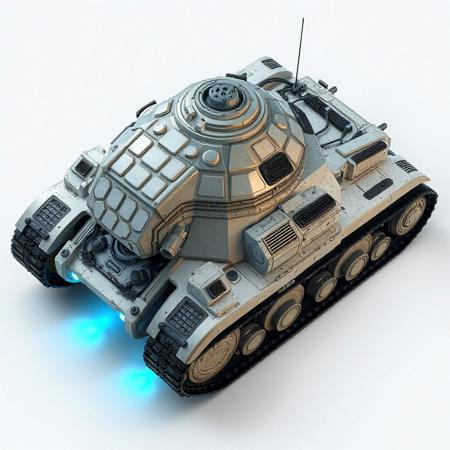 ((top view)), (tank),
Wide and flat tank with an arched dorsal spine and side-mounted armor slabs.
Chassis: Regenerative plating arranged in layered hex cells. Vines of nano-cabling crisscross beneath the surface.
Tracks: Wide dual treads with spore-filter grills covering each tread module.
Details: Bio-gel sacs protrude along side armor; side compartments vent steam during overclocked regen.
Lights: Blue-green capillaries shimmer under armor. Thin halos radiate from under tread housings.
