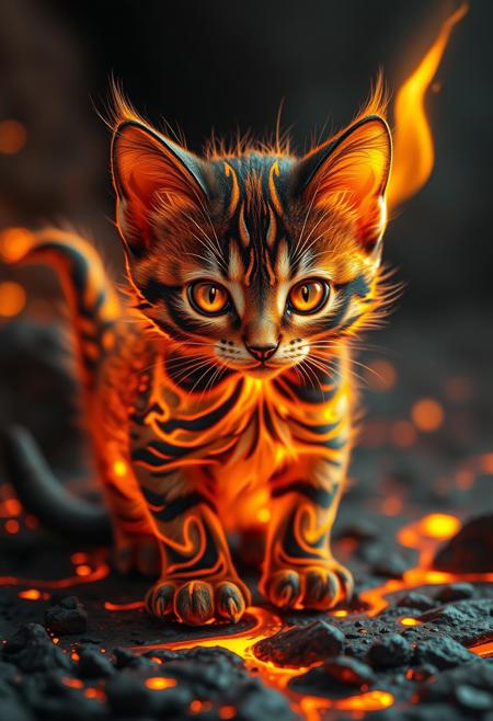 "Adorable kitten crafted from molten lava and swirling hot magma, its fur a mesmerizing dance of fiery tendrils and glowing embers. The kitten's eyes shine like bright, burning coals, and its tiny nose twitches with excitement as it plays with a spark of flame. The lava fur ripples and flows like liquid, with tiny, shimmering waves of heat distortion rising from its surface. The kitten's paws leave trails of glowing, molten footprints as it moves, and its tiny meows seem to be made of crackling flames. Style: vibrant, dynamic, and highly detailed, with an emphasis on capturing the kitten's playful, mischievous personality amidst the fiery, molten chaos of its body."