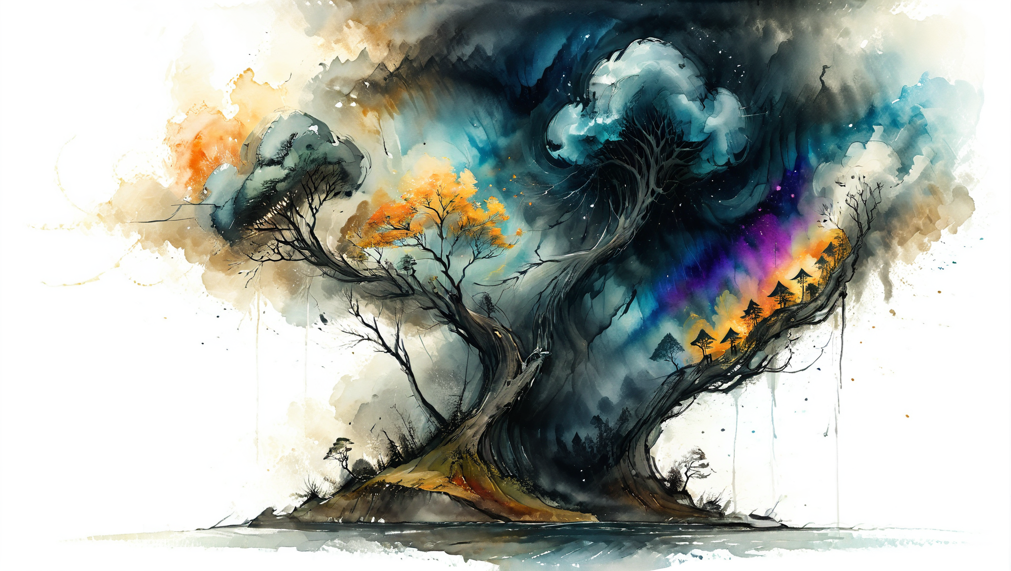 thunderstorm, landscape scenery, watercolor and ink style, white background, artistic and abstract, whirlwind, key visual, ink painting art, vibrant colors, minimalism, soft brush strokes <lora:Cute_Drawing:0.8> <lora:hyperkraximalism_v1-1:0.8>