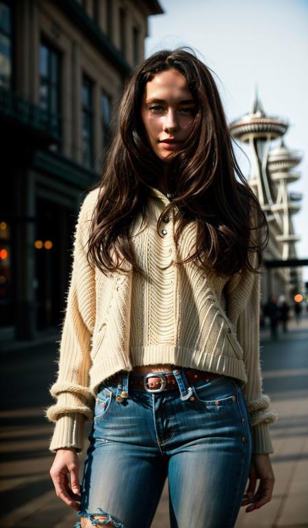 street fashion photography of a woman <lora:MilaM_SD15_v1.0:1> 
a Realistic (Full Body shot:1.1) of a standing MilaM with (intricate complex wavy and loose hair:1.1)
Beautiful, Detailed face, Perfect eyes, (highly detailed skin:1.1),
(hip intricate Seattle abercrombie and fitch outfit:1.3), detailed layered clothing,
perfect body, best quality, Modelshoot style, Professional Photography, Photorealistic, standing in a Dark Studio background, bokeh blurred background, RAW, analog style, sharp focus, 8k, ultra high resolution, DSLR, high quality, Fujifilm XT3, film grain, award winning, masterpiece (NSFW:-1) (Cleavage:-1) , confident, curious, (black:-1) (cleavage:-1) (undetailed:-1)