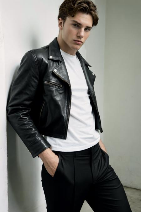 RAW Photo, photo of man levi_conely Saint Laurent black leather jacket and white t-shirt and Black Trousers <lora:levi_conely-06:0.8> taken by Tim Walker