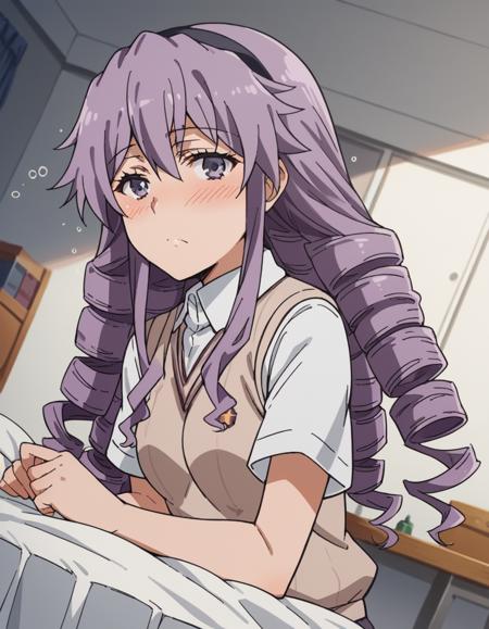 <lora:junko-hokaze-s3-ponyxl-lora-nochekaiser:1>, junko hokaze, long hair, purple eyes, purple hair, hairband, drill hair, skirt, school uniform, sweater vest, tokiwadai school uniform, brown sweater vest,