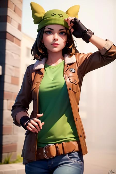 (realistic:1.5), <lora:SkyeEXP:0.5>, xyzskye, skye, belt, tan jacket, green shirt, (green headwear), fingerless gloves, 3d, octane render, looking at viewer, blue eyes, brown hair