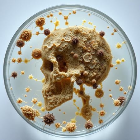 close up photograph of a petri dish, mold and spores growing inside coming together to make the image of a human skull