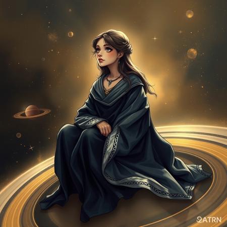 A wise and elegant girl embodying the disciplined, mysterious, and timeless energy of Saturn, sitting gracefully on the rings of Saturn, gazing at the vast cosmos. Her deep, contemplative eyes reflect wisdom and resilience, as if she holds the secrets of the universe. She wears a regal, flowing dark-blue and silver robe, symbolizing knowledge and structure. The atmosphere around her is ethereal, filled with floating cosmic dust and a subtle golden glow. The rings of Saturn shimmer under the celestial light, emphasizing her connection to destiny, time, and cosmic order. She exudes an aura of authority, patience, and profound insight, embodying the essence of Saturnian wisdom."