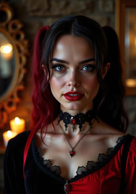 dark cinematic close-up portrait of a woman in a Victorian vampire version of Harley Quinn, elegant gothic red and black dress, blood-red lips, pale porcelain skin, seductive smile, piercing eyes, dramatic shadows, candlelight ambiance, antique mirror in the background, old stone walls, soft volumetric lighting, detailed lace collar, choker necklace with ruby, perfect facial symmetry, highly detailed face, photorealistic, masterpiece, moody atmosphere, professional portrait, shot on ARRI Alexa,direct eye contact, focused gaze,tilt-shift lens effect, anamorphic flare, dust particles in the air