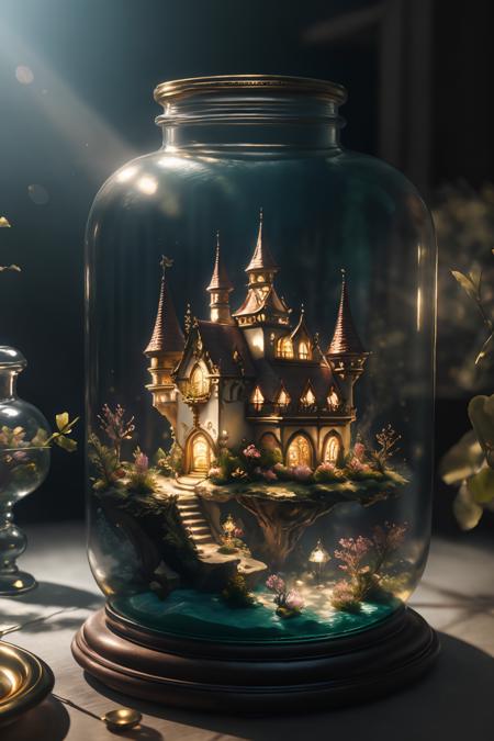 ((best quality)),absurdres,(ultra high res),octane render,(hyperrealistic:1.2), a glass jar with a house inside of it, beautiful render of fairytale, golden miniature, enchanted dreams, beautiful art, blurry background, (realistic:1.7), (8k), (Masterpiece),  (studio lighting),  <lora:diorama:0.77>