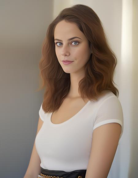 KayaScodelario,<lora:KayaScodelarioSDXL:1>,A waist up portrait of a young beautiful (Scottish | German | Italian | Turkish) girl,soft natural skin,Soft Ombré hairstyle,(breast:1.05),slim with curves,white shirt,beautiful diamond accesories.