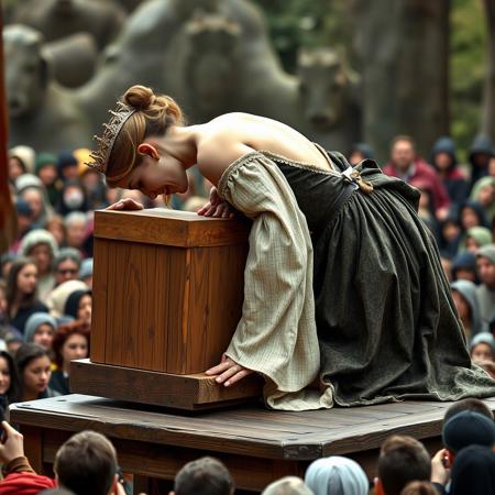 Medieval Queen, on knees, leant forward to place head on a block of wood with  room for her neck, which rests on the wooden block, on a wooden platform. crown, elegant gown, hair up, bare neck. her dress is raised at back, exposing her rear, crowd of outlooks below platform level, dressed in medieval garb.