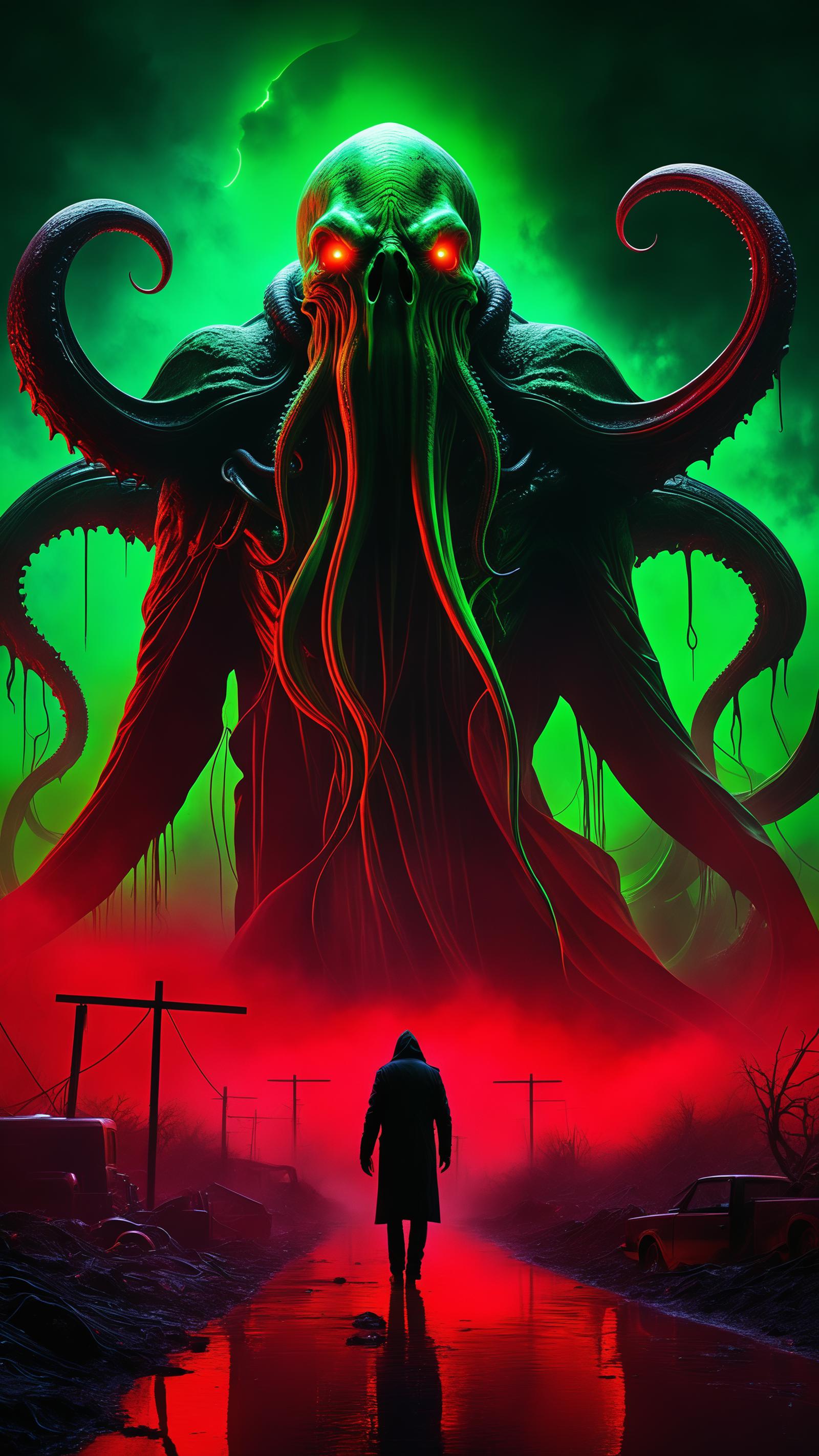 A person standing in front of a monstrous creature in a dark, red and green environment.