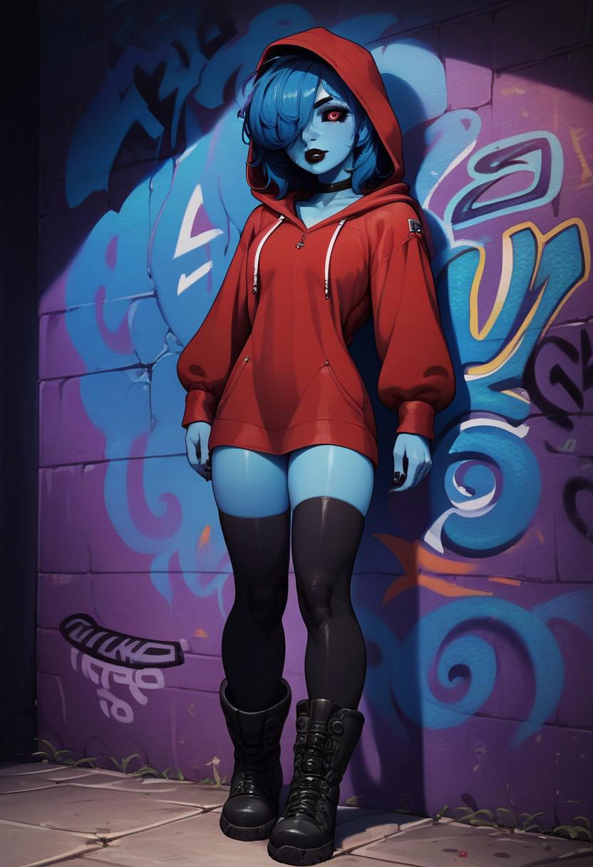 Score_9, score_8_up, score_7_up, (masterpiece, best quality, highres:1.2), (intricate and beautiful:1.2), SFW, 1girl, solo, colored skin, blue skin, red eyes, blue sclera, long blue hair, messy hair, ringed eyes, oversized red hoodie, black thighhighs, combat boots, black boots, black choker, blue drawstrings, black lips, hair over one eye, medium hair, hair over shoulder, bangs, black nails, hood down, standing against wall, graffiti, night lights, detailed background