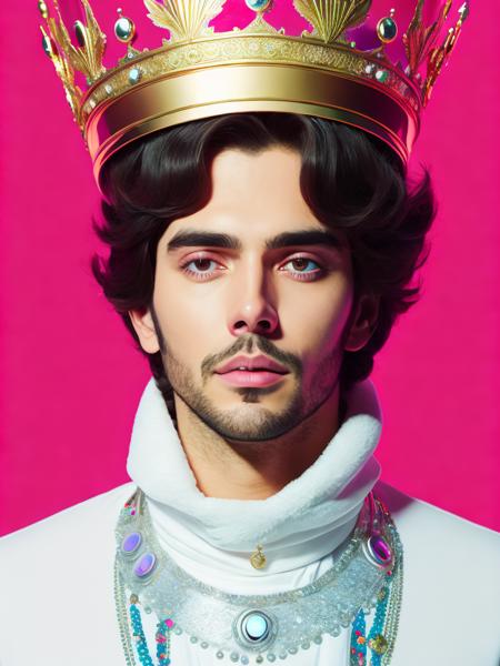 <lora:AlejandroJodorowsky:1>a man wearing a crown with pink paint on his face and a crown on his head by Alejandro Jodorowsky