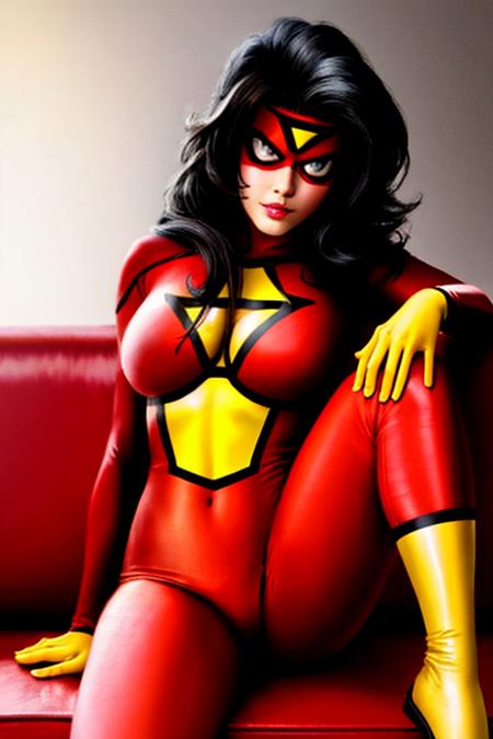 sw_jessicadrew sitting on a sofa, red and yellow superhero costume, black hair, long hair, underarm webbing, red mask with white lenses and a yellow triangle on the forehead, photorealistic, highly detailed, high resolution, best quality, highres, (detailed eyes:1.4), (detailed face:1.2), colorful, vivid color <lora:Spider-Woman (Jessica Drew) LoRA v2 (AOM2):0.5>