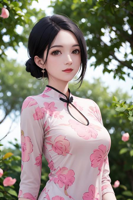 high quality,masterpiece,HD,a woman with a black tie around her neck and a pink shirt on her chest and a tree in the background,<lora:cheongsam_lbc:0.4>,((breeze)), flying splashes, flying petals, wind,