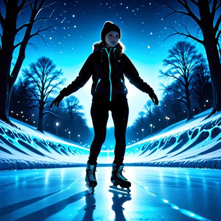 high quality, masterpiece, detailed, ultra-detailed, hyper-realistic, depth of field, soft lighting, dreamy ethereal atmosphere, vivid colors, high contrast, natural lighting,
bioluminescent skating beautiful woman, silhouette in the dark, park background, night, winter, reflective ice ground,