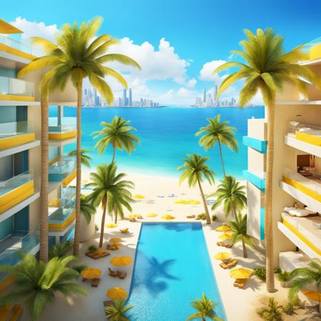 <lora:MirrorsEdge:1>, Mirror's Edge style, a bright tropical sandy beach, parasol, palm trees, clear blue water, distant cityscape, blue sky, clouds, 3D, photorealistic, anti-aliasing, highly detailed, octane render