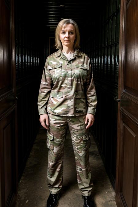 a mature L1873T camo costume ,  prison cell , dusk <lora:Liz_Truss:1> masterpiece, best quality, detailed face,, 1girl, solo, l1873t, realistic,