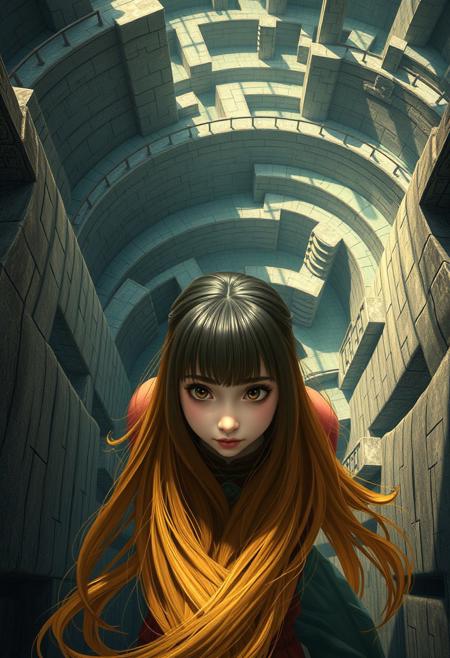 Dòu Bàn Jiàng's long hair flows behind her like a golden river as she navigates the twisting passages of the mystical maze. Her bangs frame her puzzled expression, a blend of awe and exasperation, as she gazes upward at the towering walls casting dappled shadows. From above, the labyrinthine pattern unfolds like an ancient puzzle, with soft, ethereal lighting illuminating her path through the surreal landscape.