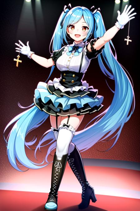 masterpiece, best quality, (1girl, solo),
yamato iori idol, 1girl, virtual youtuber, solo, long hair, blue hair, twintails, very long hair, thighhighs, red eyes, boots, open mouth, smile, gloves, looking at viewer, full body, skirt, ribbon, cross-laced footwear, garter straps, absurdly long hair, hair ribbon, knee boots, white gloves, lace-up boots, frills, breasts
 <lora:YamatoIoriIdol:0.65>
blush, dancing,
( indoor, stage ,cowboy shot , dynamic pose, looking at viewer, ),