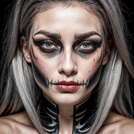  RAW photo, subject, 8k uhd, dslr, soft lighting, high quality, film grain, Fujifilm XT3,Ultra-detailed, Close-up portrait of a woman with striking symmetrical skull makeup.  One side of her face is painted in detailed black and white skull design, featuring intricate bone structure and teeth.  The other side of her face is a natural, light complexion.  Her light gray hair cascades around her shoulders.  Her expression is neutral and captivating,  with a subtly intense gaze.  She wears striking, vibrant, red lipstick, adding to the artistic appeal of the makeup.  The light-colored contact lenses with swirling designs further accentuate the unique artwork.  A small nose ring enhances the facial features.  The composition is centered, highlighting the dramatic contrast between the painted and natural sides of her face.  Soft, diffused lighting emphasizes the texture of the makeup and the subtle play of light on her skin.  The background is out of focus, suggesting a studio setting, with blurred soft light patterns.  The overall atmosphere is artistic and dramatic, evoking a feeling of both beauty and a Halloween-inspired theme.  Makeup style is dramatic, artistic, and detailed.