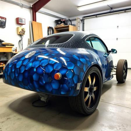 car made of titanium honeycomb filled with blue epoxy resin, view 3/4, car in garage, wheels made of reclaimed wood