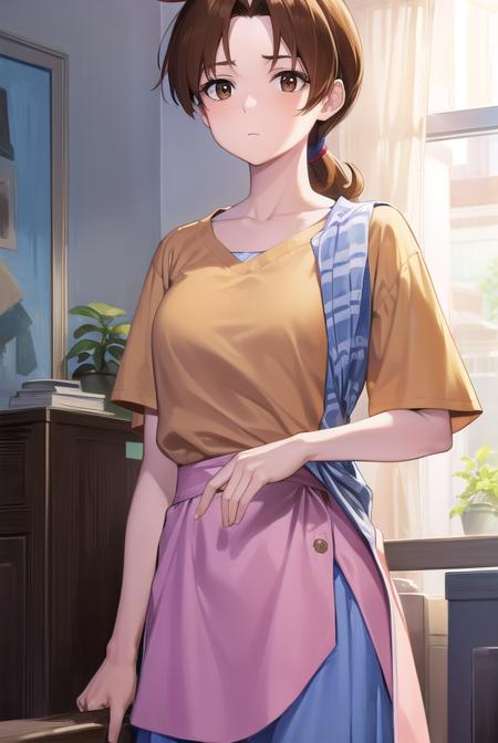 deliaketchum, brown hair, (brown eyes:1.7), parted bangs, (ahoge:1.5), ponytail, low ponytail, shirt, pink shirt, short sleeves, skirt, blue skirt, long skirt,