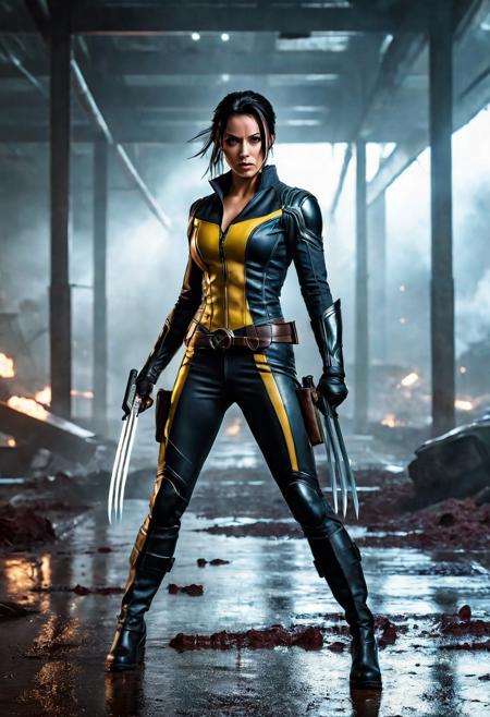 High resolution ultra-realistic of Beautiful Laura Kinney/X-23 vs Wolverine/Logan, cinematic lighting, Marvel style, Wolverine and X-23 stand side by side in battle pose on a bloody and stormy battlefield, 8k, realistic modern Wolverine X-Men combat costume, gazing straight ahead, dirty face, full body, ultra realistic, cinematic style, athletic figure, day lighting, sharp focus, digital painting, Photograph Taken on Nikon D750, Alphonse Mucha, Hyperdetailed, hyperrealism, aesthetics reminiscent of X-Men, Attractive, asymmetric balance