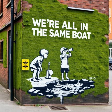 End of a building, 
This street art, stenciled onto a moss-covered brick wall, delivers a powerful social message. The artwork depicts three children playing near a small stream, with one child leaning down to scoop water, another holding a paper boat, and a third peering through a telescope made from a rolled piece of paper. Above the scene, the words "WE'RE ALL IN THE SAME BOAT" are spray-painted in bold white letters, merging humor and poignancy. The piece utilizes a monochromatic black-and-white palette that contrasts sharply with the green hues of the wall and surrounding foliage, emphasizing the gritty yet thoughtful nature of the artwork. The combination of environmental context and visual simplicity amplifies its reflective commentary on shared human struggles.
graffiti, mural, hyper-realistic, vibrant colors, bold letterforms, 3D design, urban art, intricate details, vivid gradients, sharp highlights, contrasting shadows, abstract influences, electric palette, sculptural effect