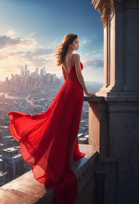 woman in red dress standing on a ledge overlooking a city, stunning digital illustration, cgsociety masterpiece, stunning cgsociety, cgsociety contest winner, cgsociety contest winner, beautiful digital artwork, ross tran 8 k, red dress, cgsociety contest winner!!!, karol bak uhd,