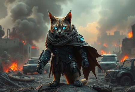 A battle-hardened, cyber-enhanced cat warrior in a post-apocalyptic wasteland, wearing a rugged, torn cloak and high-tech armor with glowing blue accents. The feline has sharp cybernetic eyes and a mechanical limb, standing on the ruins of a destroyed city with smoke and fire in the background. The atmosphere is dark and moody, with red and orange hues from burning wreckage, dust filling the air, and abandoned vehicles scattered around. The cat’s expression is fierce and determined, ready to survive in this desolate future. Highly detailed, cinematic lighting, ultra-sharp textures, epic composition, digital painting style, 4K.