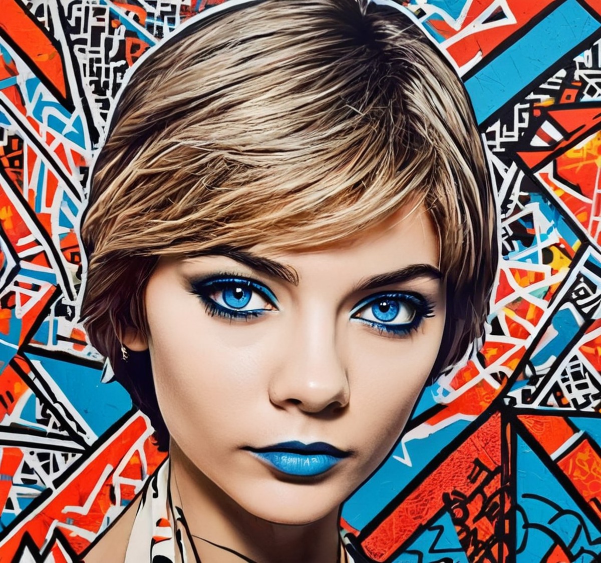 stenciled portrait, pop art style, inspired by Keith Haring, handsome young Woman Alisa Selezneva short hair, big blue eye...