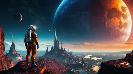 (8k, RAW photo, best quality, masterpiece:1.2), (digital art:1.37),A bird's-eye view of a futuristic city with a giant moon in the background, a man standing on top of a rocky cliff,  Triadic color scheme,sci-fi, unreal engine 5,,Astronauts, Magma, masterpiece, best quality <lora:xl_more_art-full_v1:0.9>