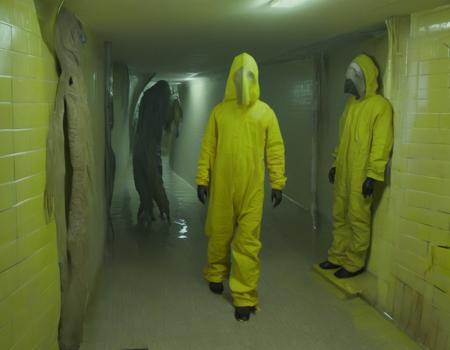 two humans meets strange horror (creature: 3), humans wearing yellow hazmat suit and gazmask pictured in weirdcore aesthetic style, (gigantic), (open) liminal space underground with (slides:2) and flooded and tiles on the walls, weird, distorted <lora:weirdcore_v3-000004:1>