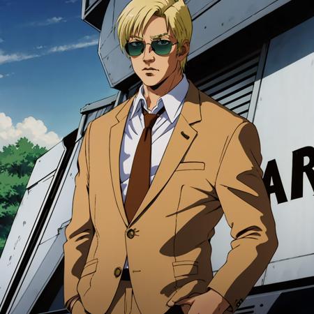 masterpiece,high quality,solo,
<lora:bernardwiseman001:0.7>,
bernardwiseman,1boy,
blonde hair,green eyes,
sunglasses,
suit,jacket,collared shirt,necktie,formal,
pants,