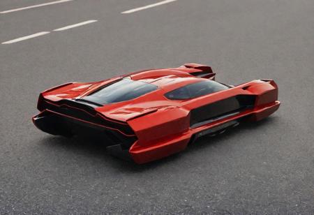 photo of red hover (2020's sports car), nowheels, science fiction, scifi, futuristic, city, paved road,