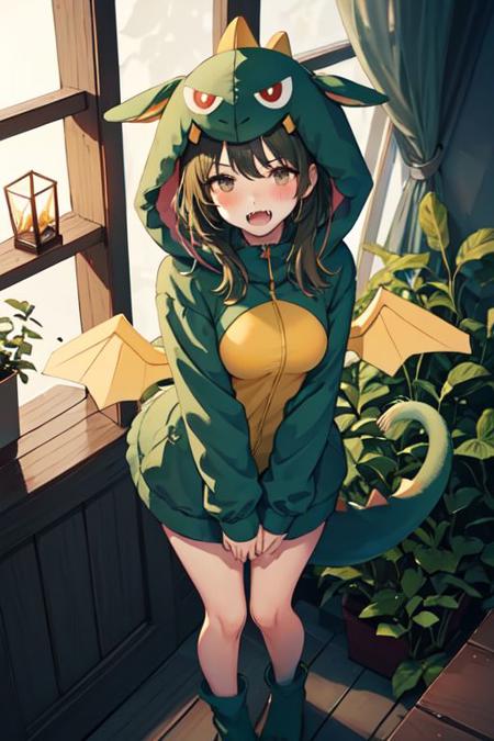 gaogaonichika, 1girl, solo, hood, bangs, fangs, animal costume, tail, wings,
arm under breasts, between legs, blush, hand between legs, open mouth, solo, standing, day, from above, lantern, leaf, outdoors, plant, sunlight, vines, windowsill
<lora:nichika-gao-v1.1b:0.9>