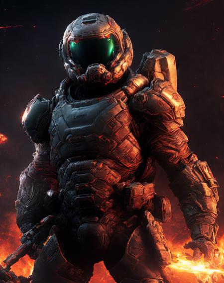 fking_scifi_v2,award winning portrait of a man in space armor, the only thing they fear is you, rip and tear until it is done, he is doom, the slayer's time is now, dslayer, holding a rifle <lora:DOOM21:0.75>