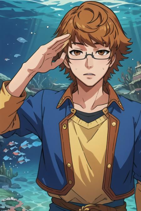 masterpiece, best quality, wallpaper, 1boy, solo, male focus, looking at viewer, upper body, depth of field, <lora:nishiki_nishio:0.68>, nishiki_nishio, brown hair, brown eyes, glasses, fairy tale costume, Atlantis: A lost city of great wisdom and power, now drowned beneath the sea, HD-DVD