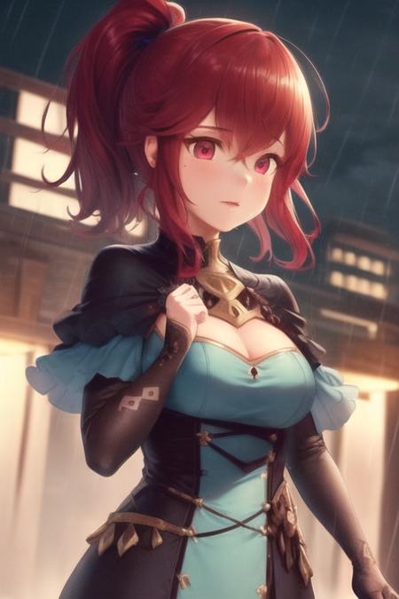 medium breasts, (detailed hair), (masterpiece), (best quality), (ultra-detailed), (upper body), 1girl, sharp focus, background: neon city, detailed face, (intricate details), (depth of field), night, <lora:Anna_Fire_Emblem:0.7>, Anna_Fire_Emblem, full body, ponytail, blue dress, rain in background, raining,