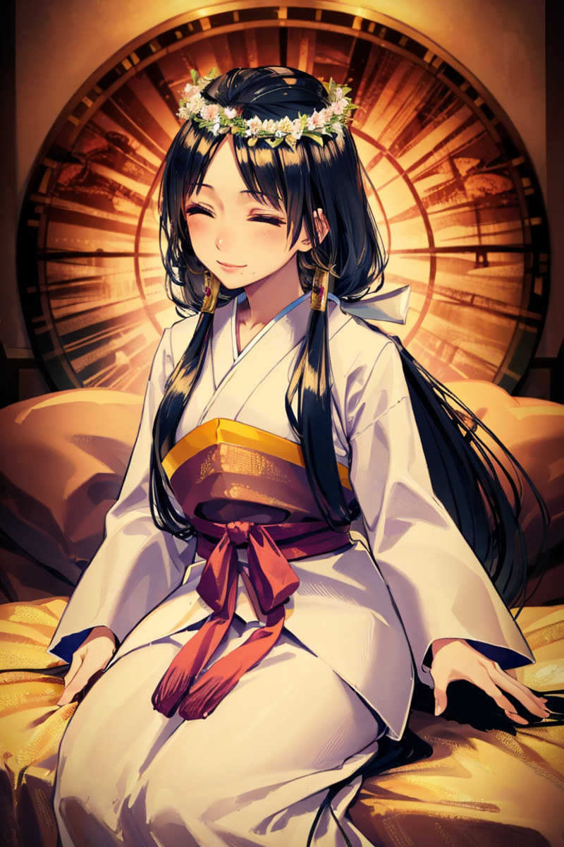 Anime-style drawing of a woman in a kimono sitting on a bed.